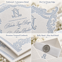 Ensemble de cartes d'invitation de mariage personnalisées en damassé bleu et blanc, gaufrées, découpées, avec sceau de cire et ruban, vente en gros, fabricant en vrac