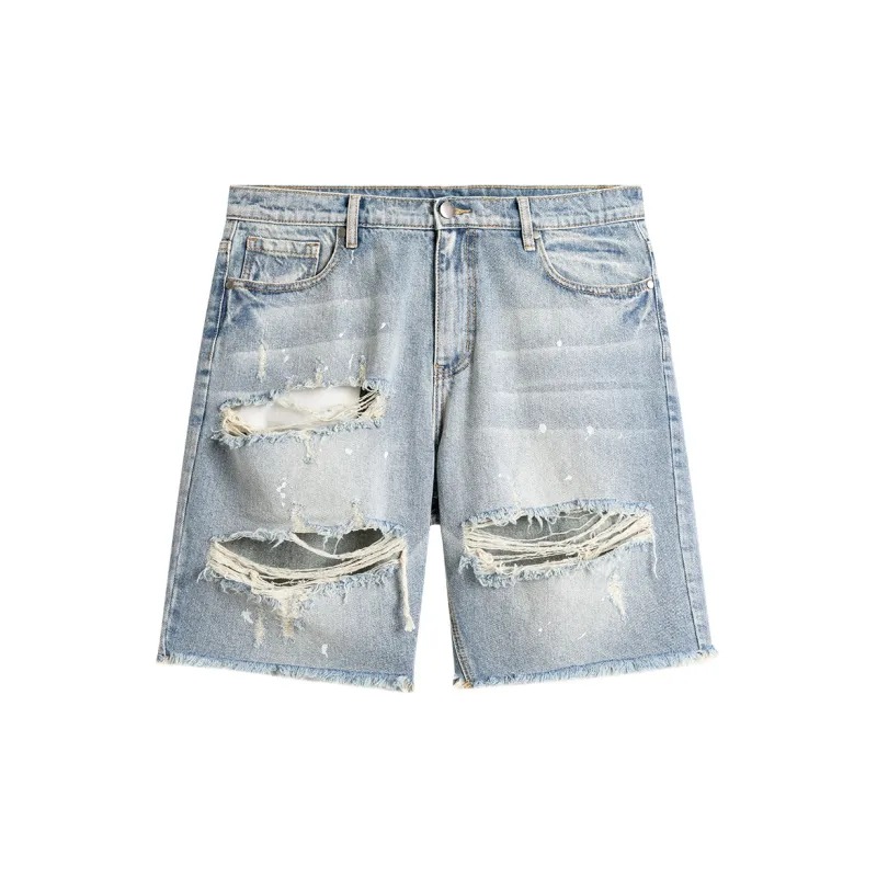 Men's Loose Straight Distressed Denim Shorts Streetwear Paint