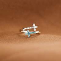 Bague de mariage FUAMAY en argent sterling 925 plaqué rhodium avec double croix et zirconiums bleus et blancs, pour un usage quotidien et des cadeaux unisexes