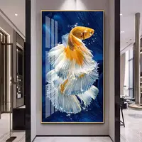 Ruang Tamu Mewah Sofa Dinding Kaca Berbingkai Koi Kristal Bulat Porselen Hewan Ikan Dinding Seni Chub Lukisan