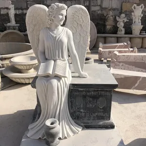 Wit Marmeren Engel Standbeeld En Grafsteen Zitten Angel Monument voor Verkoop