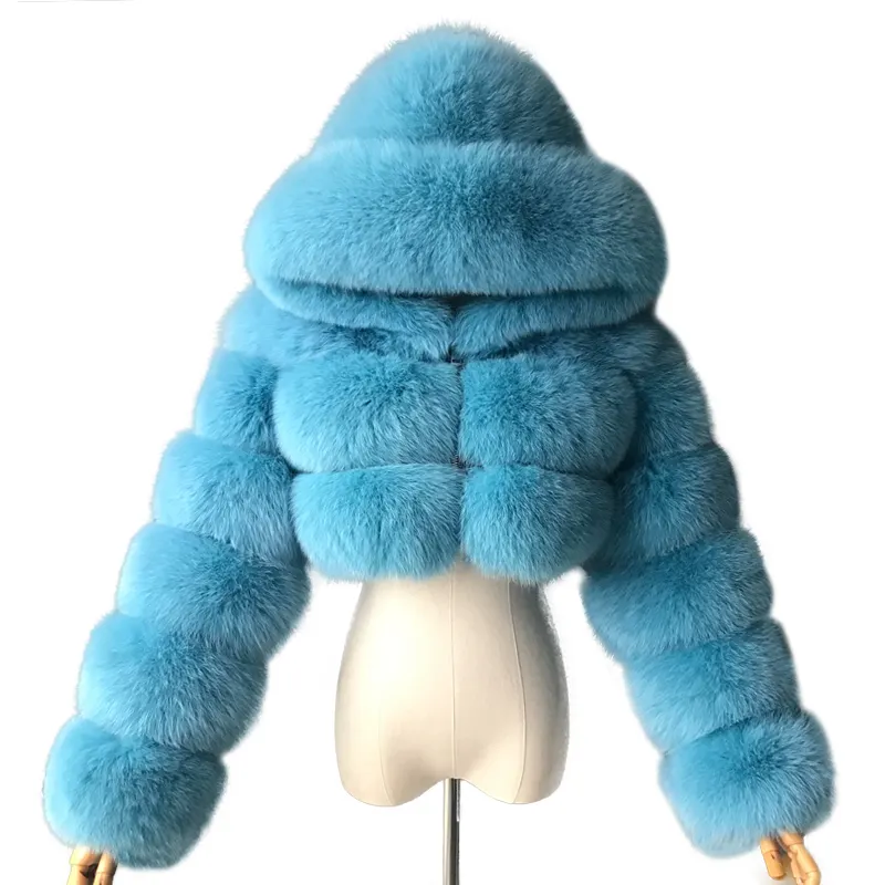 Abrigo cálido de piel de zorro auténtica para mujer, chaqueta con capucha de piel de estilo corto, chaqueta de piel de zorro Real azul Natural para mujer