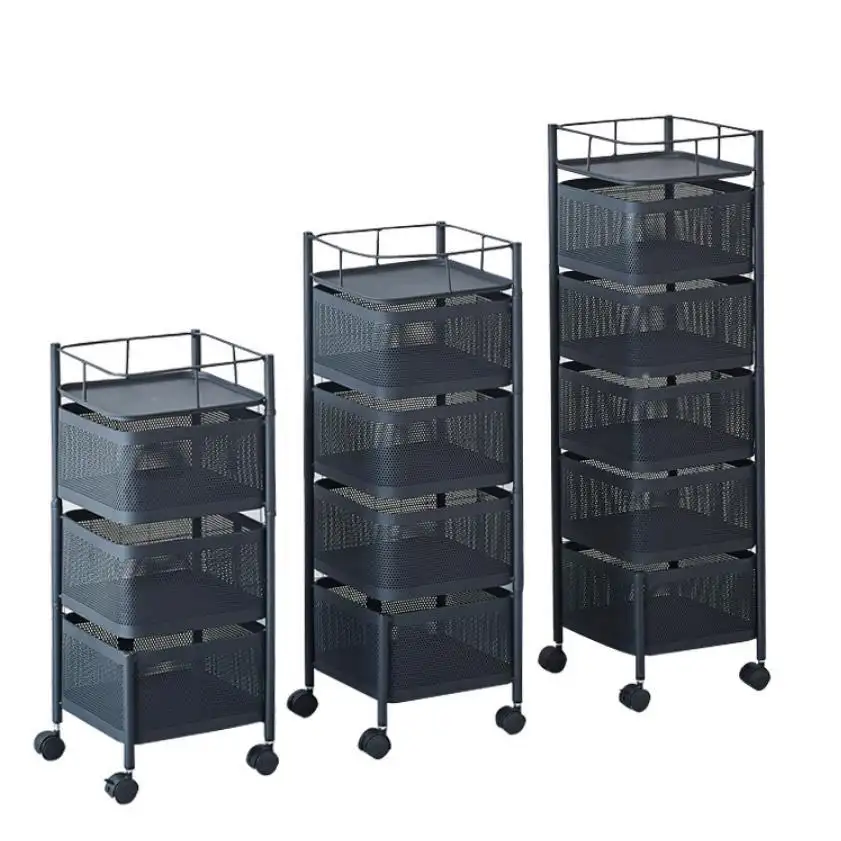 Factory Square Fruit Trolley For Fruit Vegetable Floor 4-layer Household Storage Rack Black Rotating Kitchen Shelf