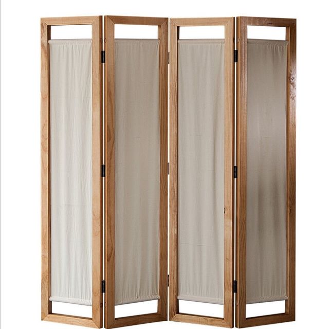 4 Panel Folding Room Divider With Canvas Inlay Wooden Screen