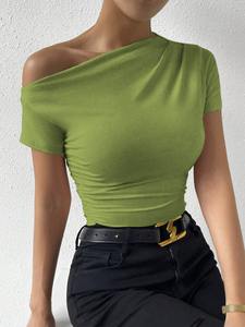 Maglietta estiva Casual da donna elegante manica corta monospalla <span class=keywords><strong>Top</strong></span> da donna all'ingrosso Slim Fit irregolare da donna - Product Image 5