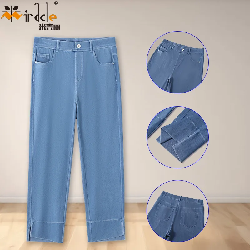 بنطلون جينز مخصص أوروبي من قماش الدنيم بنطلون جينز متوسط الارتفاع بنطلون جينز للنساء بنطلون مطاطي