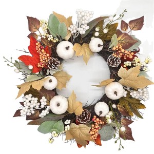 Artificial Autumn <b>Wreath</b> With White Pumpkins Maple Leaves Berries For Home Decor 40Cm - Product Image 5