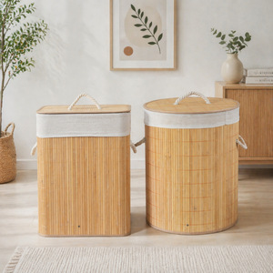 Bamboo Woven <b>Storage</b> <b>Basket</b> With Lid Rectangle Cotton Fabric Portable Clothing Organizer For Laundry And Toys - Product Image 1