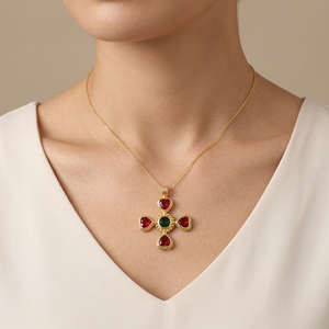 Trendy Jewelry 18k Gold Plated Cross Pendant Garnet Quartz and Emerald Quartz Multi Gemstone Christian Cross Pendant Necklace - Product Image 3