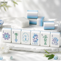Tuiles de Mahjong américaines en acrylique bleu ciel dégradé, motif minimaliste de plante de lotus orientale, jeu de table