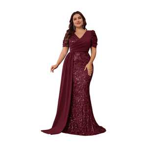 Abito Lungo <span class=keywords><strong>da</strong></span> <span class=keywords><strong>Sera</strong></span>/Cocktail Elegante Plus-Size Stile Europeo-Americano con Paillettes, Patchwork, Scollo a V e Maniche a Sbuffo in Poliestere - Product Image 3