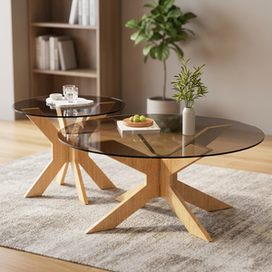 Modern Round Tempered <b>Glass</b> Coffee <b>Table</b> with Wood Base <b>Nesting</b> Design Multi-Purpose Home Furniture - Product Image 4