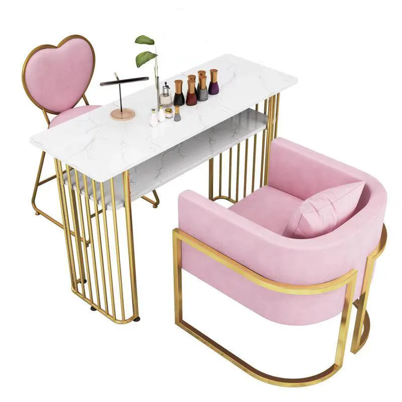 Offre Spéciale ongles bar station salon meubles rose ongles table bureau ensemble or base manucure table avec chaise