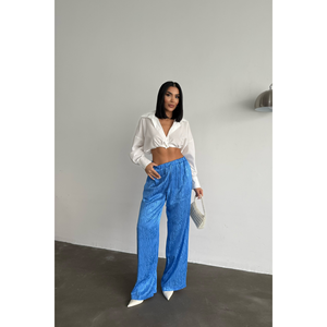 Pantalones Casuales de Satén Jacquard Azul para Mujer, Cintura Elástica, Corte Ancho, Tejido Transpirable para Otoño, Color Lavado - Product Image 5