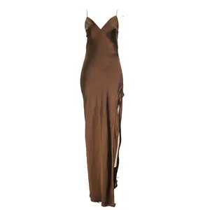숙녀 크리스탈 장식 드레이프 새틴 가운 스커트 숨겨진 슬립 포켓 섹시한 파티 리셉션 이브닝 드레스