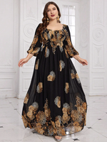 Robe de soirée élégante en mousseline de soie, grande taille, coupe aléatoire, imprimé floral, col cœur, manches longues lanternes, plissée, coupe trapèze, longueur maxi