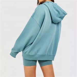 ชุดเซ็ตเสื้อฮู้ดดี้และกางเกงขาสั้นลำลองสำหรับผู้หญิง ผ้าโพลีเอสเตอร์/คอตตอน ระบายอากาศได้ดี สไตล์ลำลอง ลายเรียบ สั่งทำได้ ขายส่ง ความยาวระดับเข่า - Product Image 2