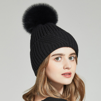 Sombrero de lana de CACHMERE de CABRA de punto cálido de Invierno para mujer personalizado con pompón de piel de zorro auténtica grande