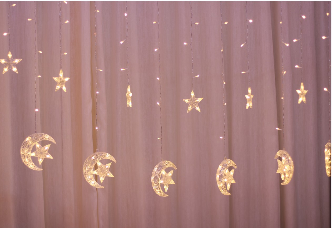 2024 New Moon Star Holiday String 138 LED Window Curtain Fairy Christmas Ramadan and Hajj Eid al-Adh