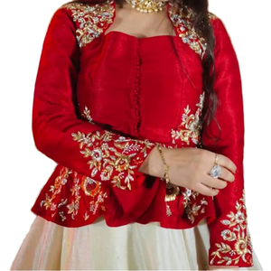 Trending <b>Red</b> White Women's Salwar 2 Piece Indian Pakistani Wedding Party Wear Silk Peplum Jacket Gown Recycled <b>Materials</b> - Product Image 1