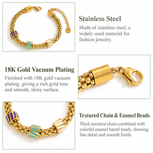 Bracelet en acier inoxydable émaillé pour femme, chaîne texturée dorée avec perles cylindriques rayées colorées, réglable 18+4 cm - Product Image 3