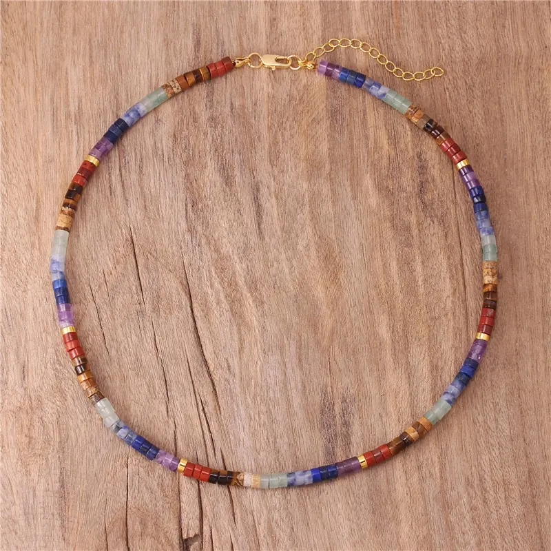 Bohemian đá tự nhiên cầu vồng xếp chồng 7 Chakra đính cườm Choker Vòng cổ Yoga tuyên bố ngắn vòng cổ quà tặng trang sức dropshipping