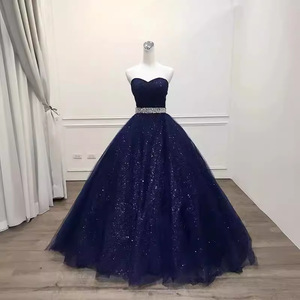 Navy Blue Strapless Sweetheart Ball Gown Organza Evening Dress For Banquet Wedding Toasting - Product Image 1