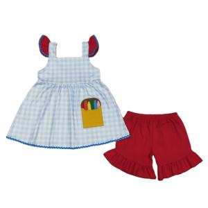 Conjuntos de 2 piezas de camiseta y pantalones cortos de algodón y elastano para niños, con estampado de crayones para la vuelta al cole, venta al por mayor, ropa infantil para primavera y otoño. - Product Image 1