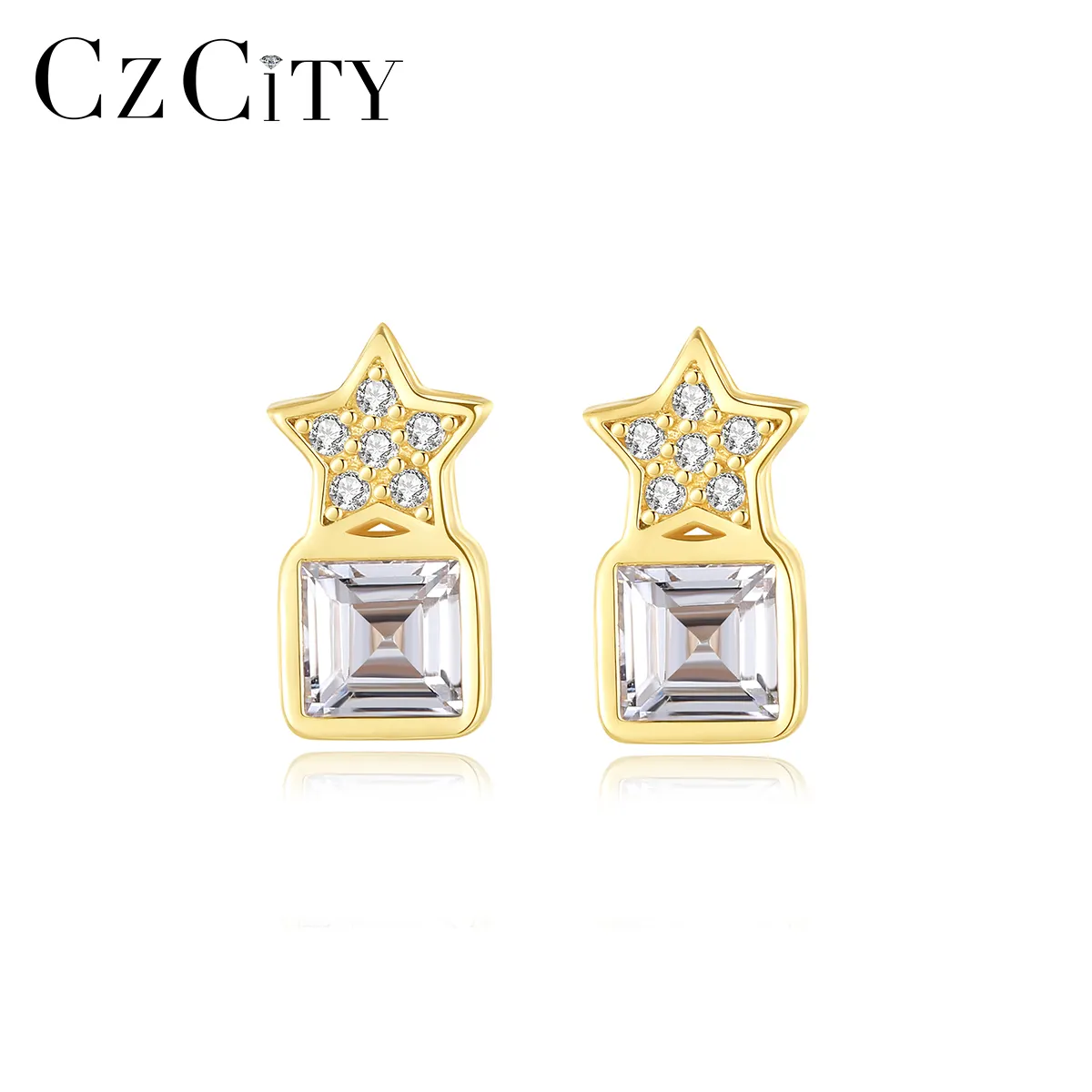 Czcity Mode Sieraden Diamant Stud Trendy Vrouwen 925 Zilver 14K Echt Vergulde Oorbel Groothandel Fijne Sieraden Oorbellen