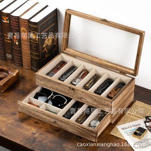 Wooden Knife <b>Storage</b> <b>Box</b> Double Layer <b>Drawer</b> Style With Lid For Knives Watches Sunglasses Display Rectangular Carbonized Color - Product Image 2
