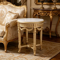 Table d'appoint console française en bois massif antique, sculptée à la main, avec plateau en marbre naturel de luxe, table d'appoint ronde rustique