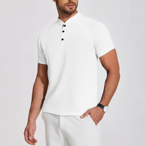 <strong>Mens</strong> Waffle Knit Henley <strong>Shirt</strong> Short Sleeve Stand Collar Anti-Wrinkle Blank Design Slim Fit Breathable Athletic Gym for Tops - Product Image 1