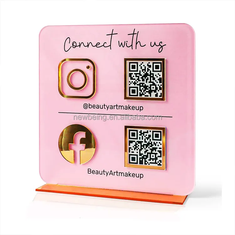 Personalizzato da tavolo acrilico o legno Facebook Ins placca oro Qr Code Beauty Sign Business Social Media Sign con supporto