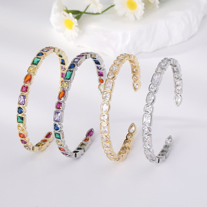 Unisex Geometric <b>Rainbow</b> Zircon Open Cuff <b>Bracelet</b> Colorful Gemstone Inlaid Adjustable Fashion Bangle Gold/Silver Plated Claw - Product Image 1