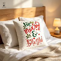 Housse de coussin de Noël personnalisée, design imprimé Be Merry Bright, 100 % polyester velours, taie d'oreiller carrée, décoration de Noël