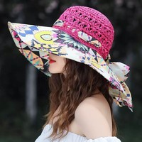 Chapeau de paille bohème ethnique pour femme, style tendance, imprimé totem, patchwork, chapeau bob, chapeau de plage pare-soleil pour influenceuses