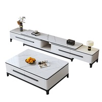 Meuble TV et Table Basse Modernes de Luxe en Marbre et Bois, Rétractables avec Rangement, Design Flottant en Pierre pour Salon