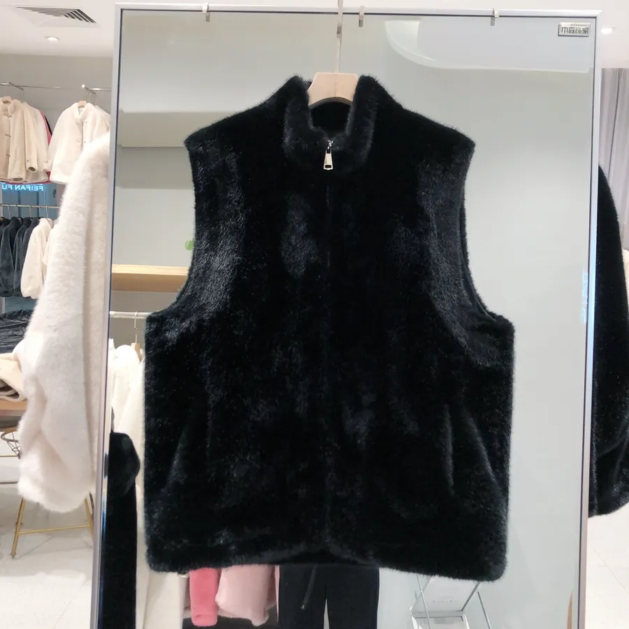 New Design Classic stand collar black faux fur lining winter vest with zipper plus size mink faux fur vest waistcoat