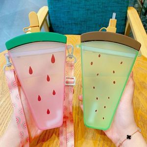 Wholesale Watermelon Shape Custom Portable Plastic Outdoor Sports <b>Cup</b> With Straw <b>Kids</b> Gift Drink Water Bottles - Product Image 1