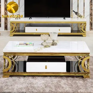 Metal mobilya setleri mermer altın sehpa modern lüks kahve masaları çekmeceli Foshan yapılan TT006