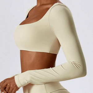 Sexy ragazza Yoga vestiti da palestra Outdoor Running t-shirt Femme sport ad asciugatura rapida Crop Top <span class=keywords><strong>manica</strong></span> <span class=keywords><strong>lunga</strong></span> per le donne di allenamento - Product Image 5