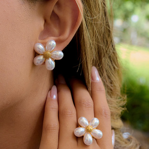 Pearl Flower <b>Open</b> <b>Ring</b> Gold Plated Five Petal Women's Jewelry Everyday Wear - Product Image 2