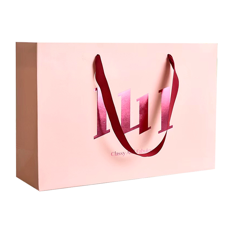 luxury kraft square bottom pink paper cosmetic gift bag with handles satin drawstring bag custom logo