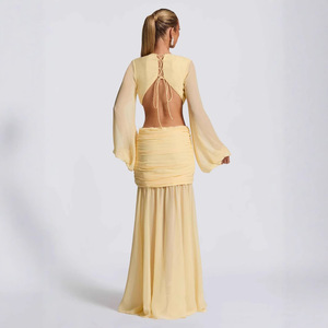Robe longue sexy unie à col en V profond et découpes, pour femme, à manches longues, plissée, transparente en mousseline, Robe de soirée et de vacances 2026 3565 - Product Image 4