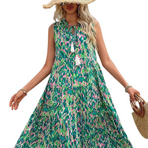 Nuevo Vestido Largo de Verano para Vacaciones en la Playa, Transpirable, Estilo Socialité, Cuello en V, Estampado Floral Abstracto, Sin Mangas, Corte en A - Product Image 1