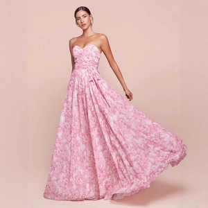 Vestido de Novia Largo con Estampado Floral Rosa, sin Tirantes, Corte en A, Cintura Natural, Escote Corazón, Transpirable - Product Image 1
