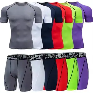 Alta calidad personalizada hombres compresión rash guard camisetas sublimación poliéster gimnasio fitness secado rápido camisetas y pantalones cortos conjunto