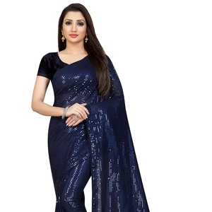 Elegante Saree Azul Marino con Lentejuelas, Escote Asimétrico y Diseño de Manga Corta para Todas las Temporadas - Product Image 1