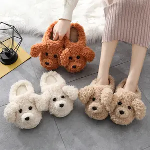 Wholesale Cute Fuzzy Teddy dog slippers Ladies Winter Indoor Flat Warm Fur Indoor kids home slippers purse Slippers for women