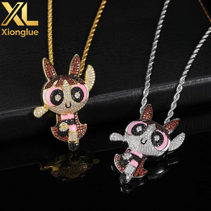 Custom Copper 18K Gold Plated Cartoon Character Pendant Necklace with Micro Paved CZ Charm Powerpuff Girls Bling - Product Image 4